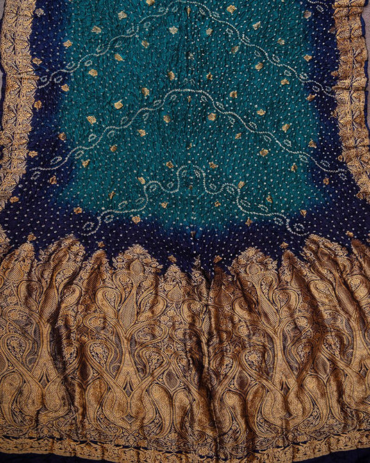 Handloom katan Silk Bandhani Blue Dupatta - DKK259B