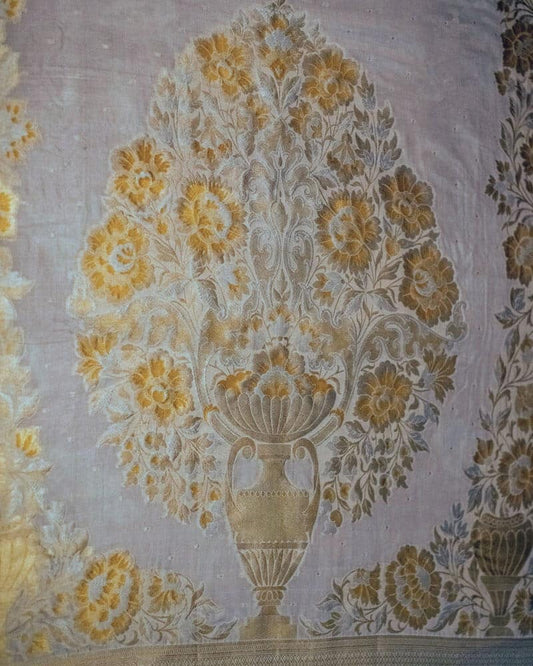 White Floral Katan Silk Saree with Golden Border