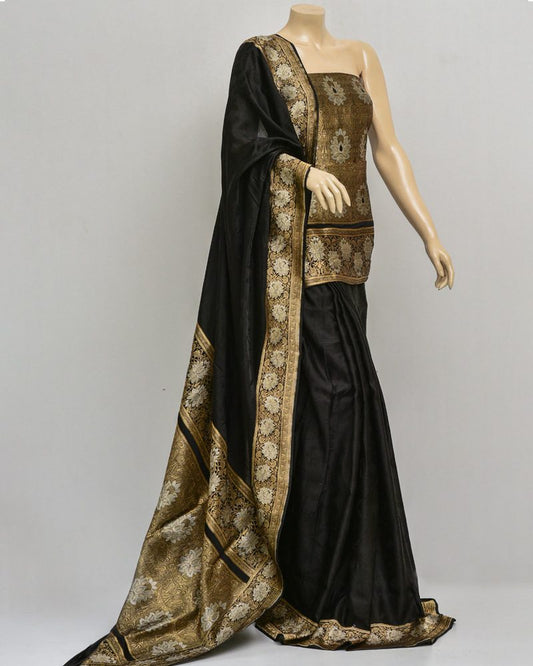 Satin Black Silk Saree - SBG1032