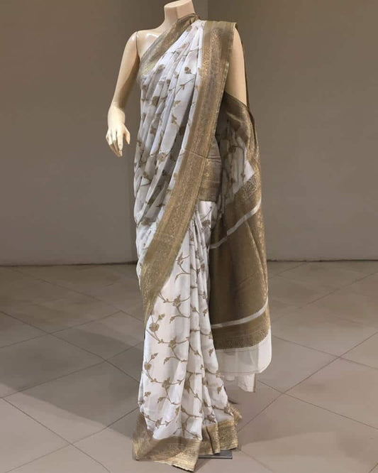 Pure White Floral Saree with Golden Border