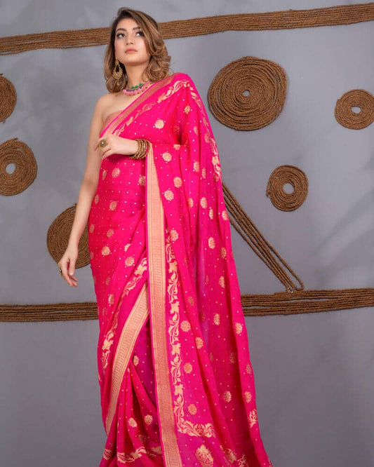 Pink Wedding Saree with Golden Border
