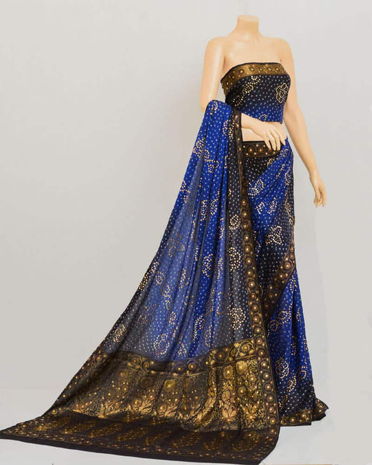 Pure Chiffon Bandhani Navy Blue Saree (Mukesh Work)