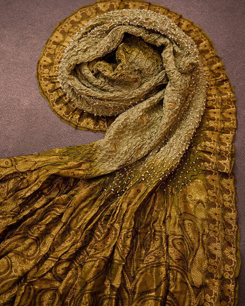 Handloom katan Silk Bandhani Green Dupatta - DKK259B-2