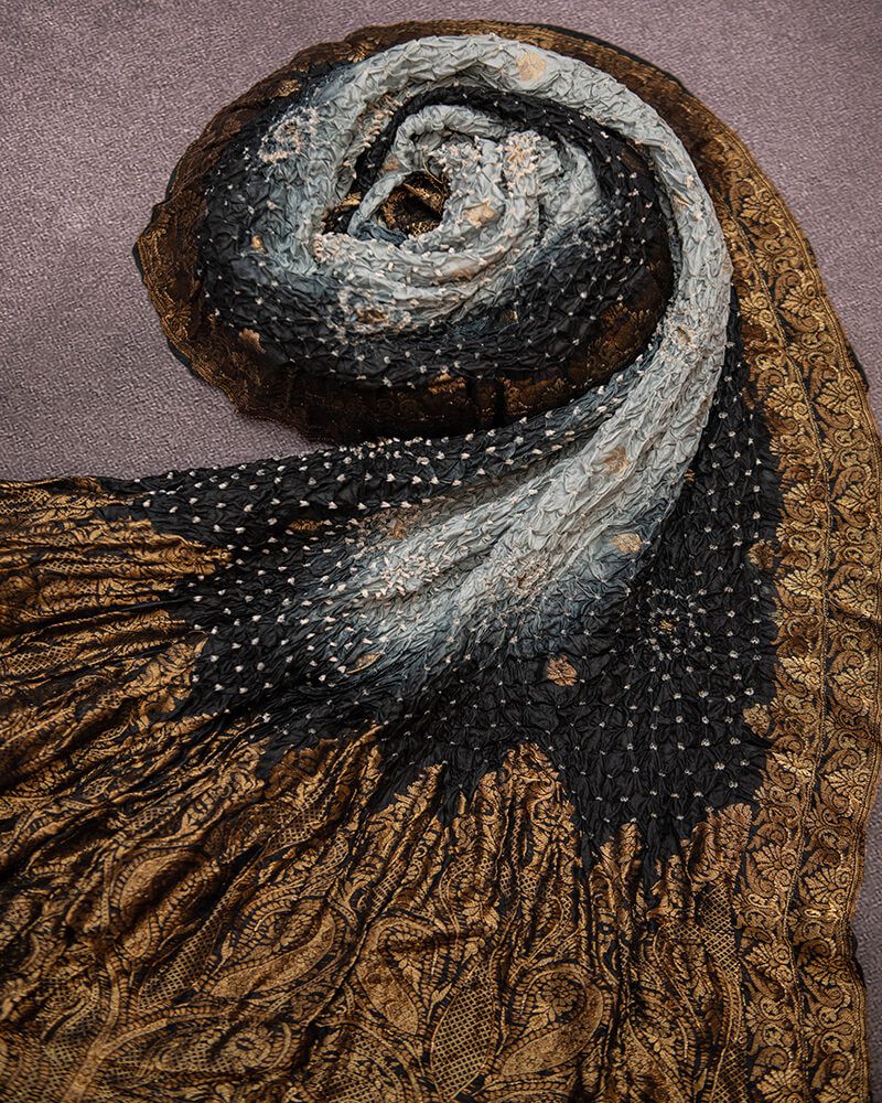 Handloom katan Silk Bandhani Black Dupatta - DKK259B-4
