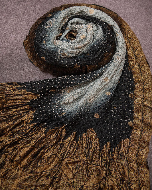 Handloom katan Silk Bandhani Black Dupatta - DKK259B-4