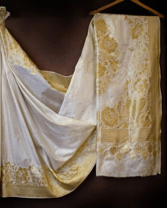 White Floral Katan Silk Saree with Golden Border