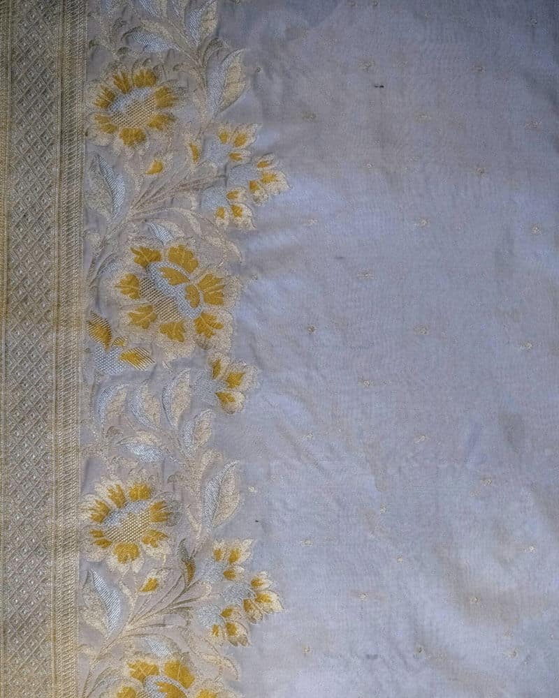 White Floral Katan Silk Saree with Golden Border