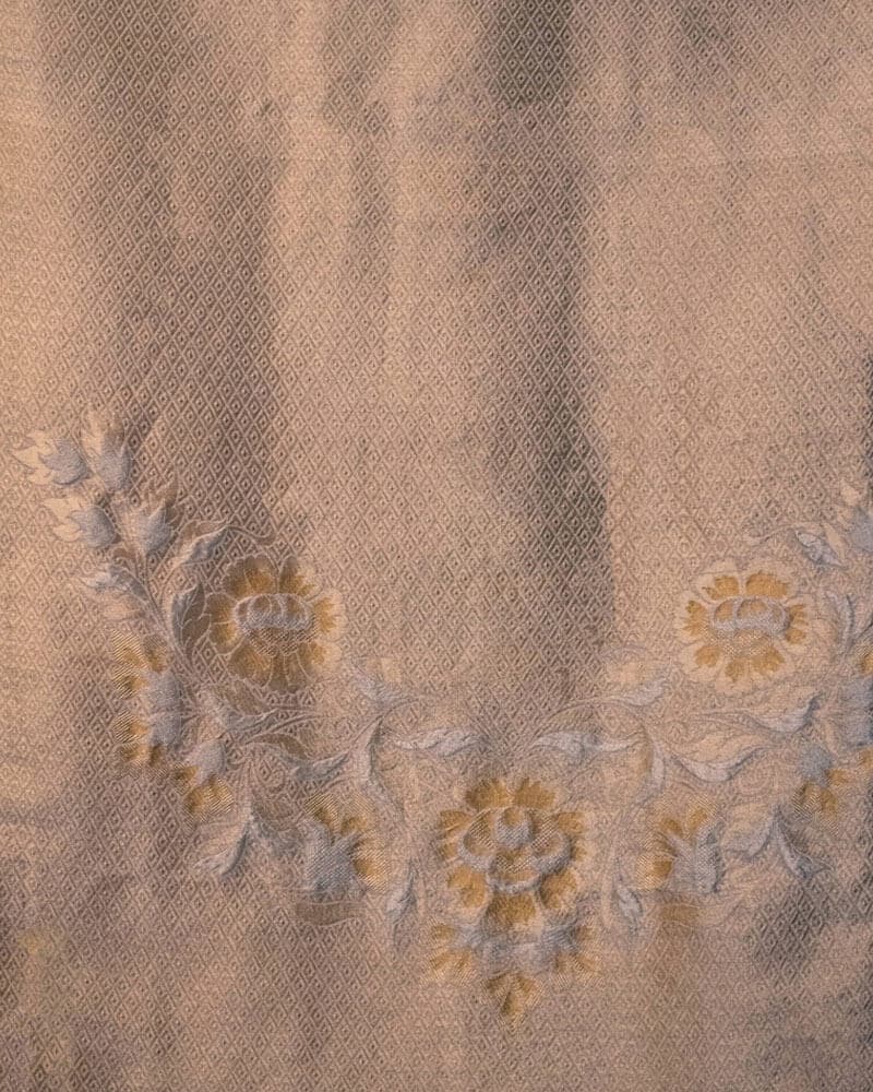 White Floral Katan Silk Saree with Golden Border