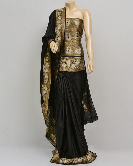 Satin Black Silk Saree - SBG1032
