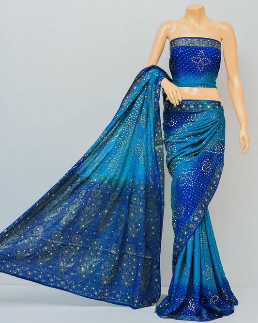 Pure Chiffon Bandhani Blue Saree (Mukesh Work)