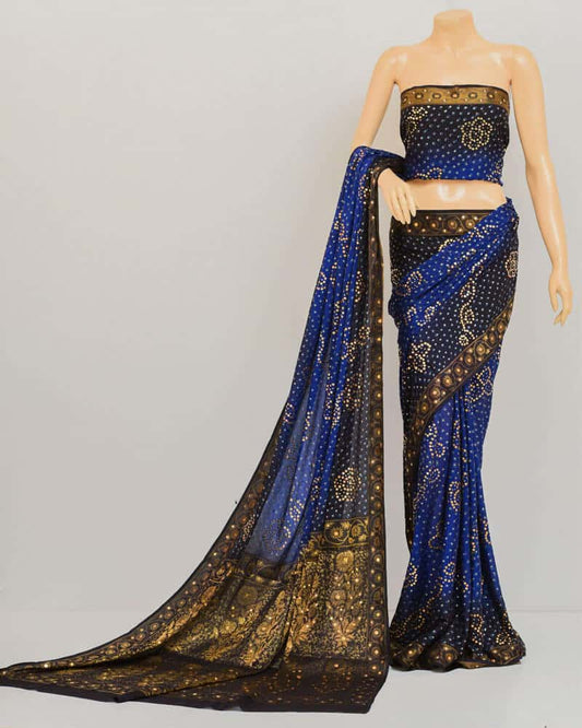 Pure Chiffon Bandhani Navy Blue Saree (Mukesh Work)