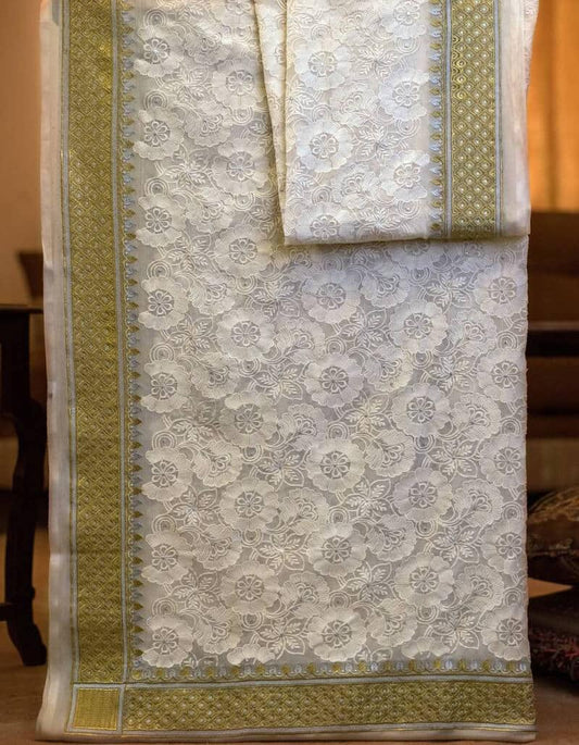 Chikankari Floral Chiffon Embroidered Shawl - DCEL35