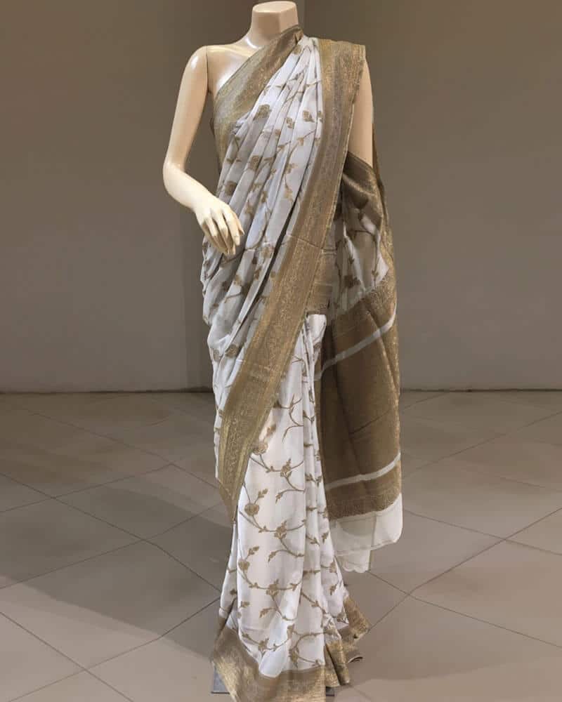 Pure White Floral Saree with Golden Border