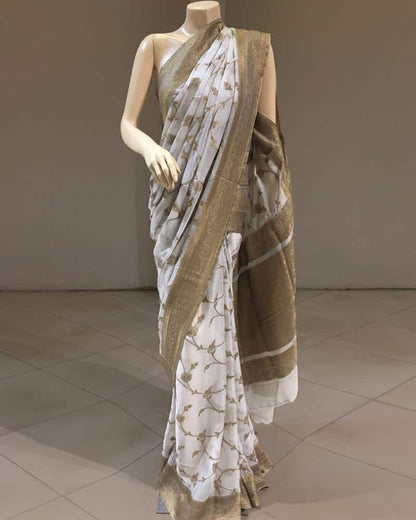 Pure White Floral Saree with Golden Border