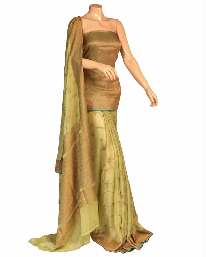 Pure White Floral Saree with Golden Border