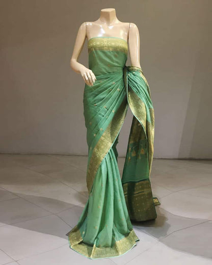 Light Green Silk Saree with Golden Border