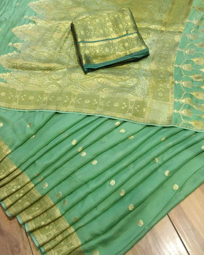 Light Green Silk Saree with Golden Border