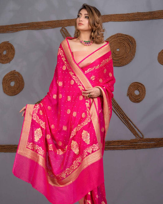 Pink Wedding Saree with Golden Border