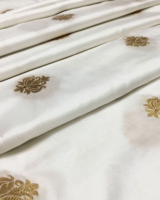 White Handloom Pure Banarsi Katan Silk Fabric - KK317T