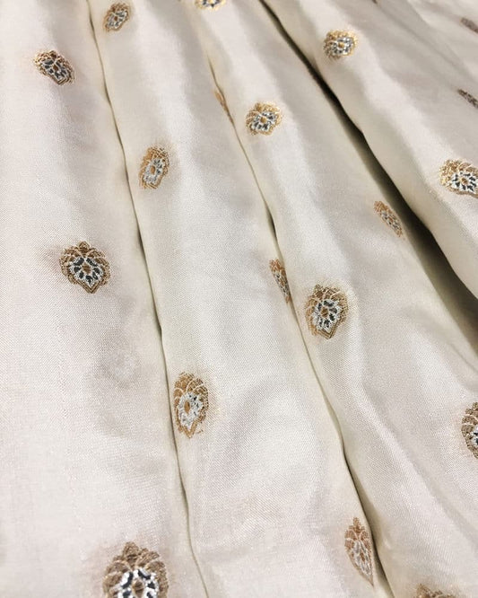 White Katan Fabric with Mena Boteh Motifs - KK343