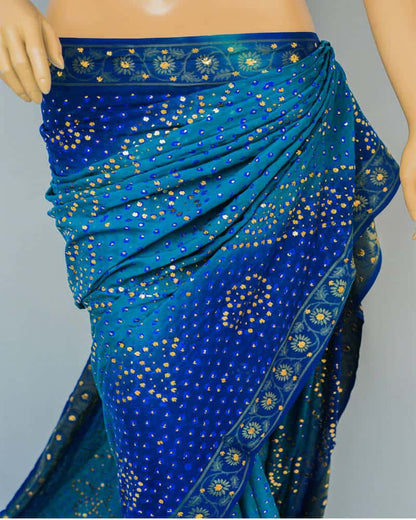 Pure Chiffon Bandhani Blue Saree (Mukesh Work)