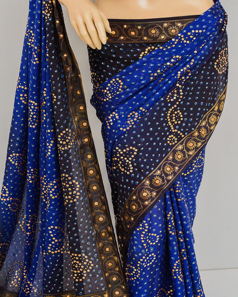 Pure Chiffon Bandhani Navy Blue Saree (Mukesh Work)